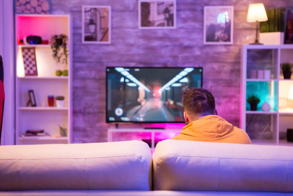 Back view of young man playing video games on television