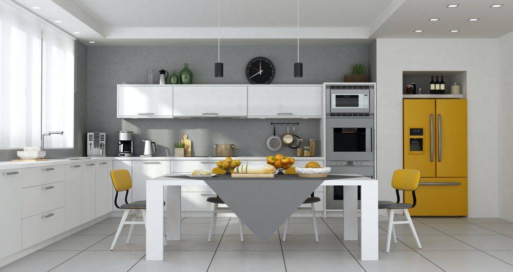 Modern kitchen with table set and built-in yellow fridge - 3d rendering